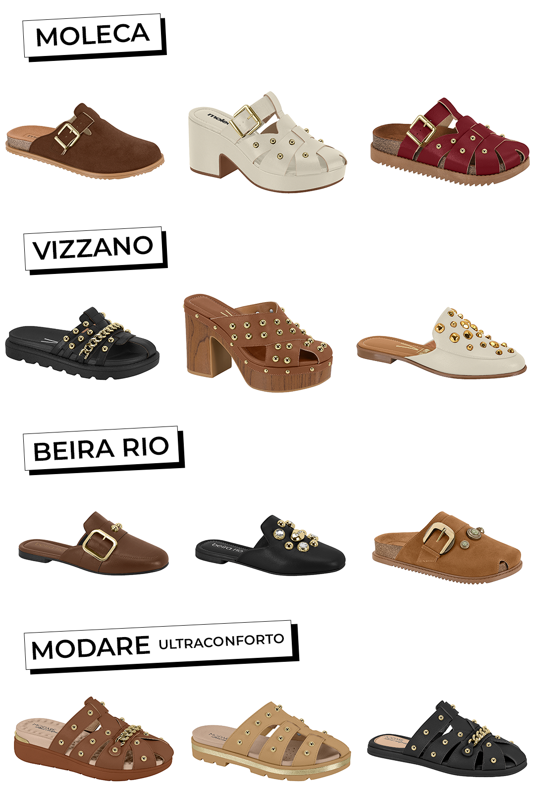 Variedade de clogs com diferentes designs e cores das marcas Moleca, Vizzano, Beira Rio e Modare.
