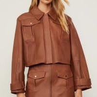 Jaqueta De Couro Ampla Bolso Pesponto