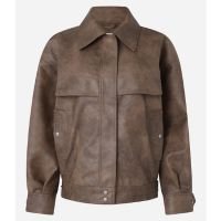 Jaqueta Oversized em PU com Efeito Manchado e Bolsos Frontais Marrom