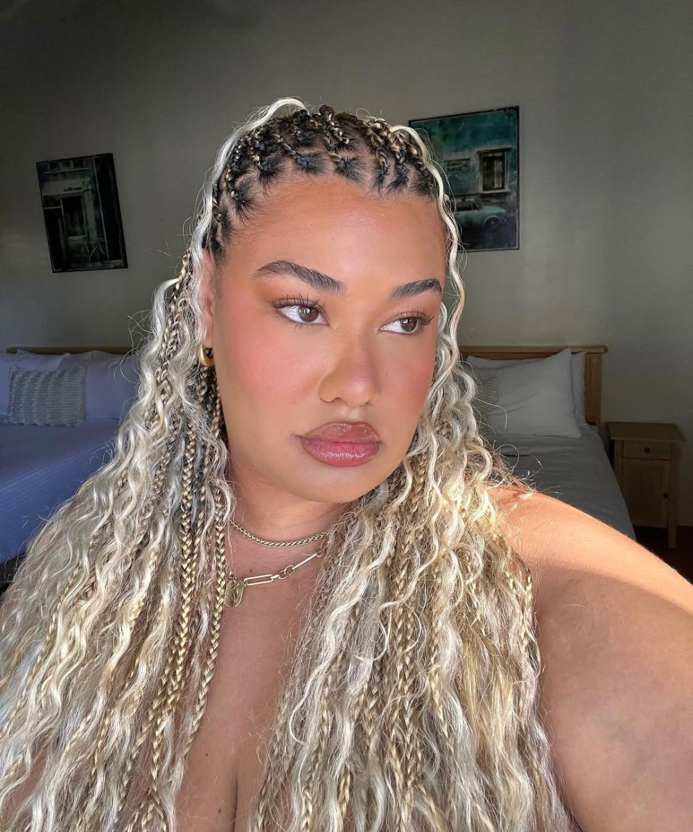 Pessoa com cabelo trançado detalhado e ondulado, destacando-se em um ambiente interno com quadros ao fundo.