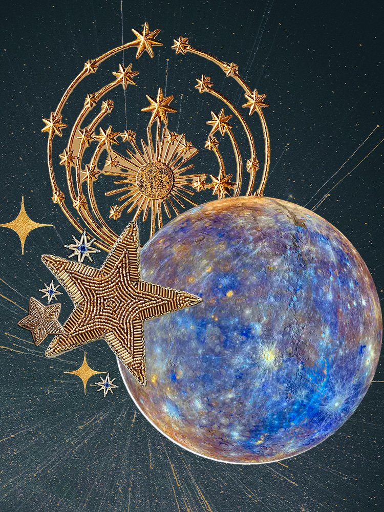 Planeta Mercúrio cercado por estrelas douradas e círculos de constelações, simbolizando Mercúrio retrógrado de julho.