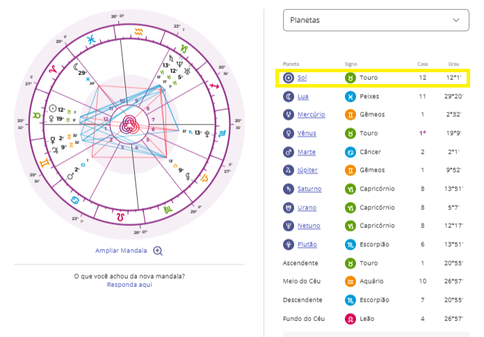 Diagrama astrológico com posições dos planetas. Destaque para o Sol em Touro na Casa 12. Mercúrio retrógrado de julho