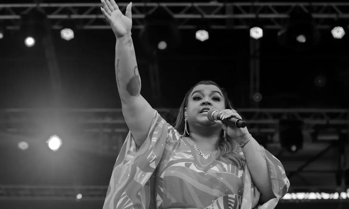 Pessoa cantando em palco, segurando um microfone e levantando o braço. Visível iluminação de show ao fundo.