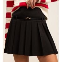 Saia Curta Alfaiatada com Cinto PU e Efeito Plissado Preto