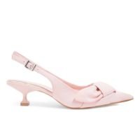 Scarpin Slingback Laço Couro Craquele Salto Baixo Rosa Bebê