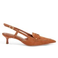 Scarpin Slingback Couro Camurça Caramelo Salto Baixo Fino