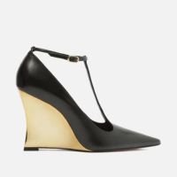 Scarpin Preto Couro Salto Anabela Dourado Tira