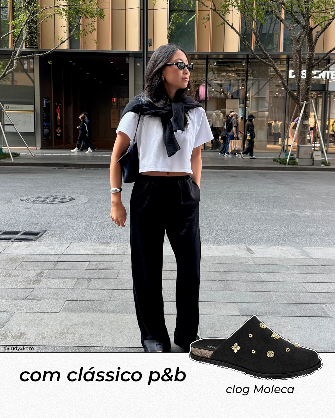 judyxkam usando combinação de calça preta, camiseta branca e cardigan, uma das inspirações de looks estilosos com clogs