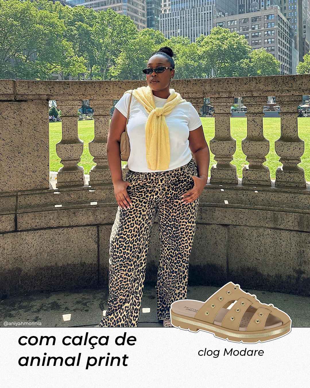 aniyahmorinia usando calça de onça, camiseta branca e cardigan amarelo, uma das inspirações de looks estilosos com clogs