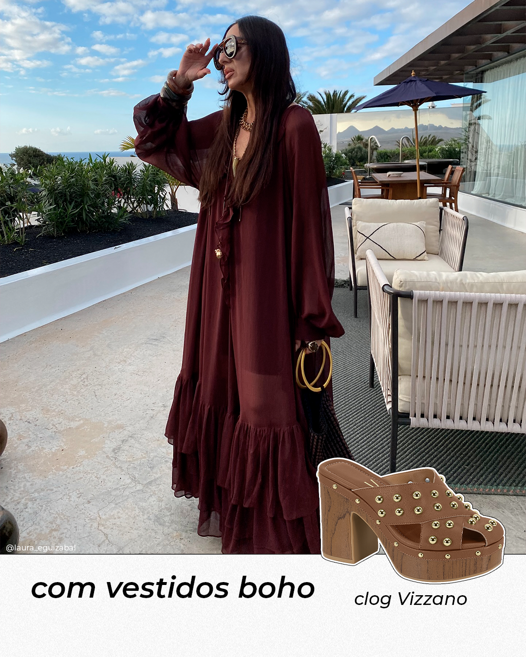 laura_eguizabal usando vestido boho vinho, uma das inspirações de looks estilosos com clogs