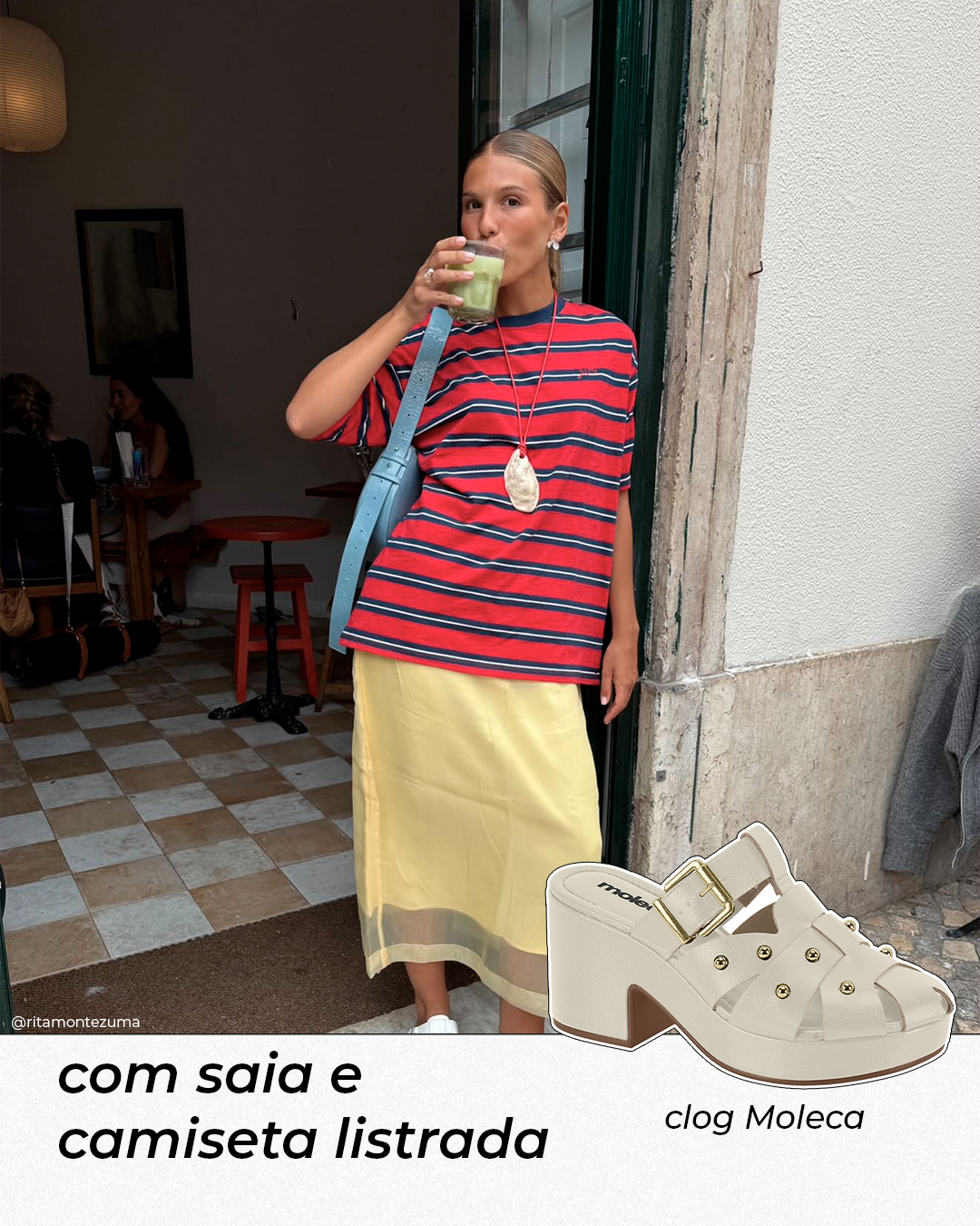 ritamontezuma usando saia amarelo manteiga e blusa listrada vermelha, uma das inspirações de looks estilosos com clogs