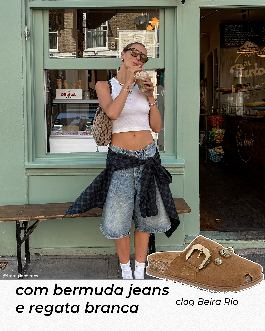 immillieholmes usando camiseta branca e bermuda jeans, uma das inspirações de looks estilosos com clogs