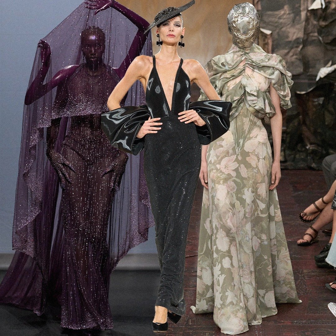 Modelos em vestidos elegantes e extravagantes, destacando tendências da semana de alta-costura.