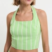 Blusa Cropped Frente Única em Tricoline Listrado com Lastex Verde