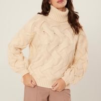 Blusão De Mangas Longas Com Gola Alta Em Tricô