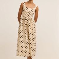 Vestido Midi Evasê em Tricoline Poá com Lastex nas Costas Bege