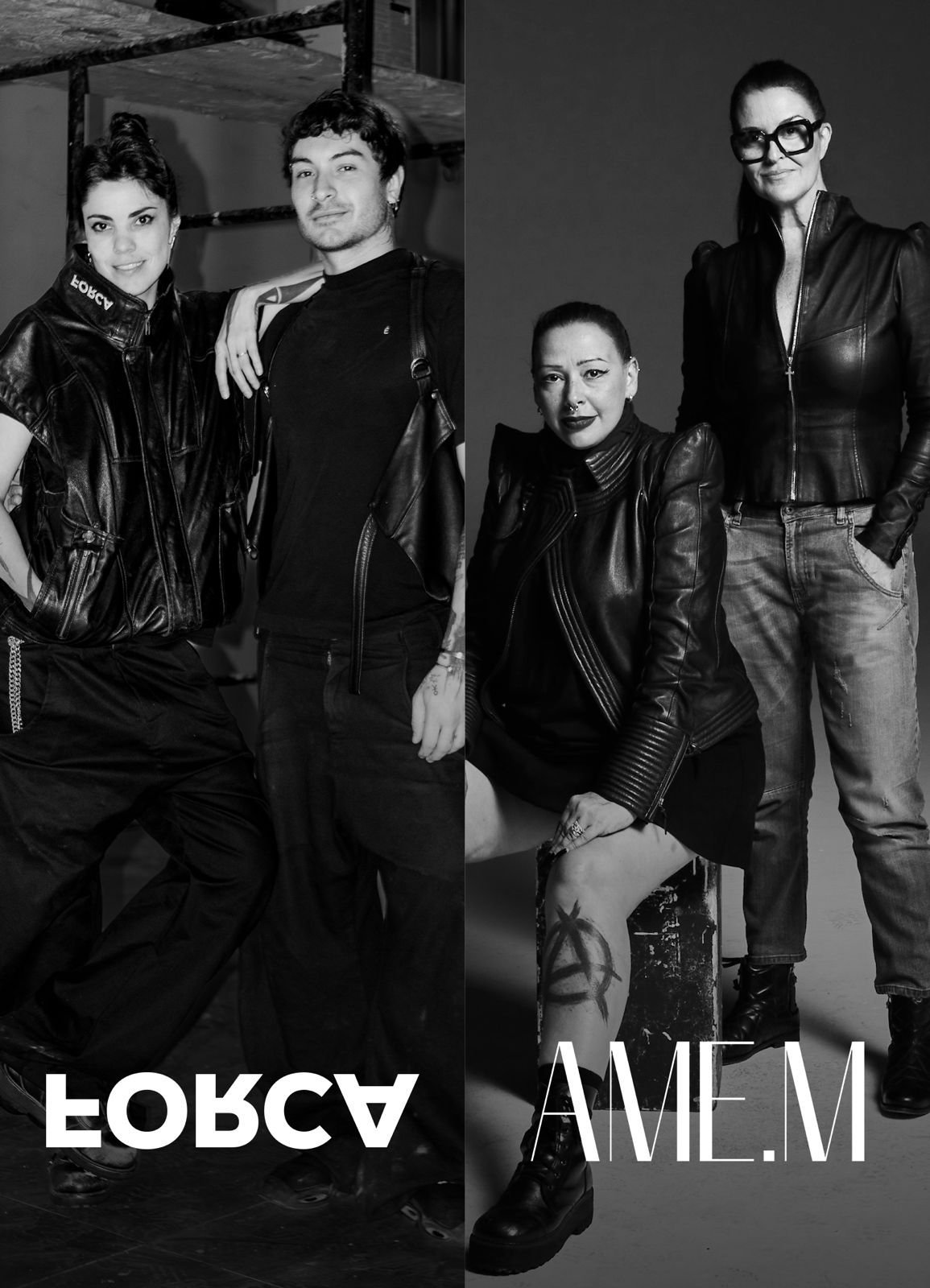 Grupo de pessoas em jaquetas de couro posando, com logotipos 