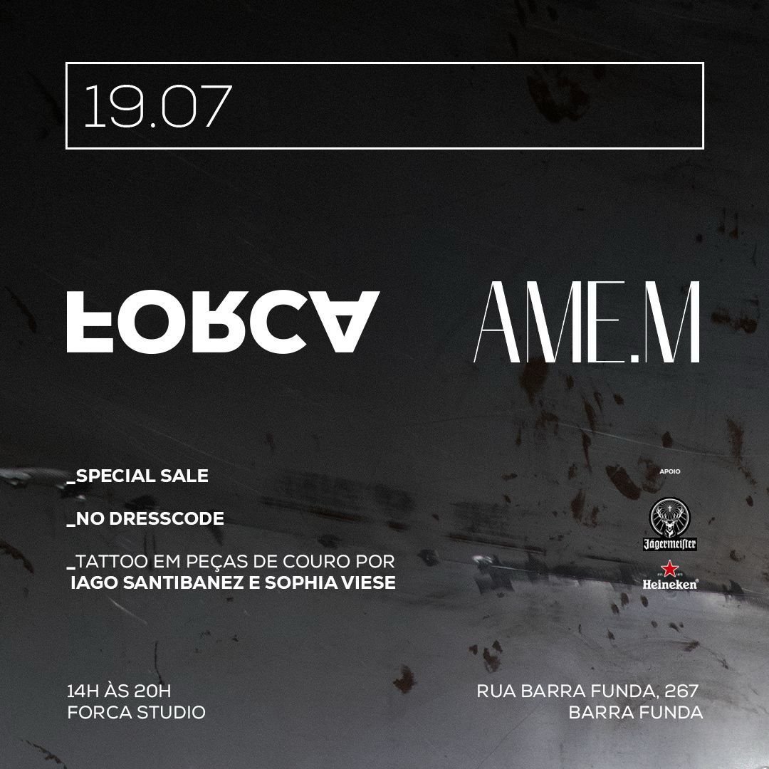 Evento em 19/07: venda especial sem dress code, tattoo em couro por Iago Santibanez e Sophia Viese, das 14h às 20h, Forca Studio.