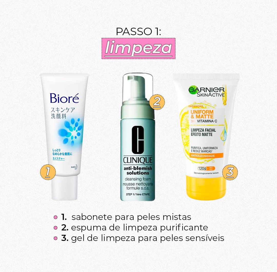Produtos de skincare indicados para limpeza: sabonete para peles mistas, espuma purificante, gel para peles sensíveis.