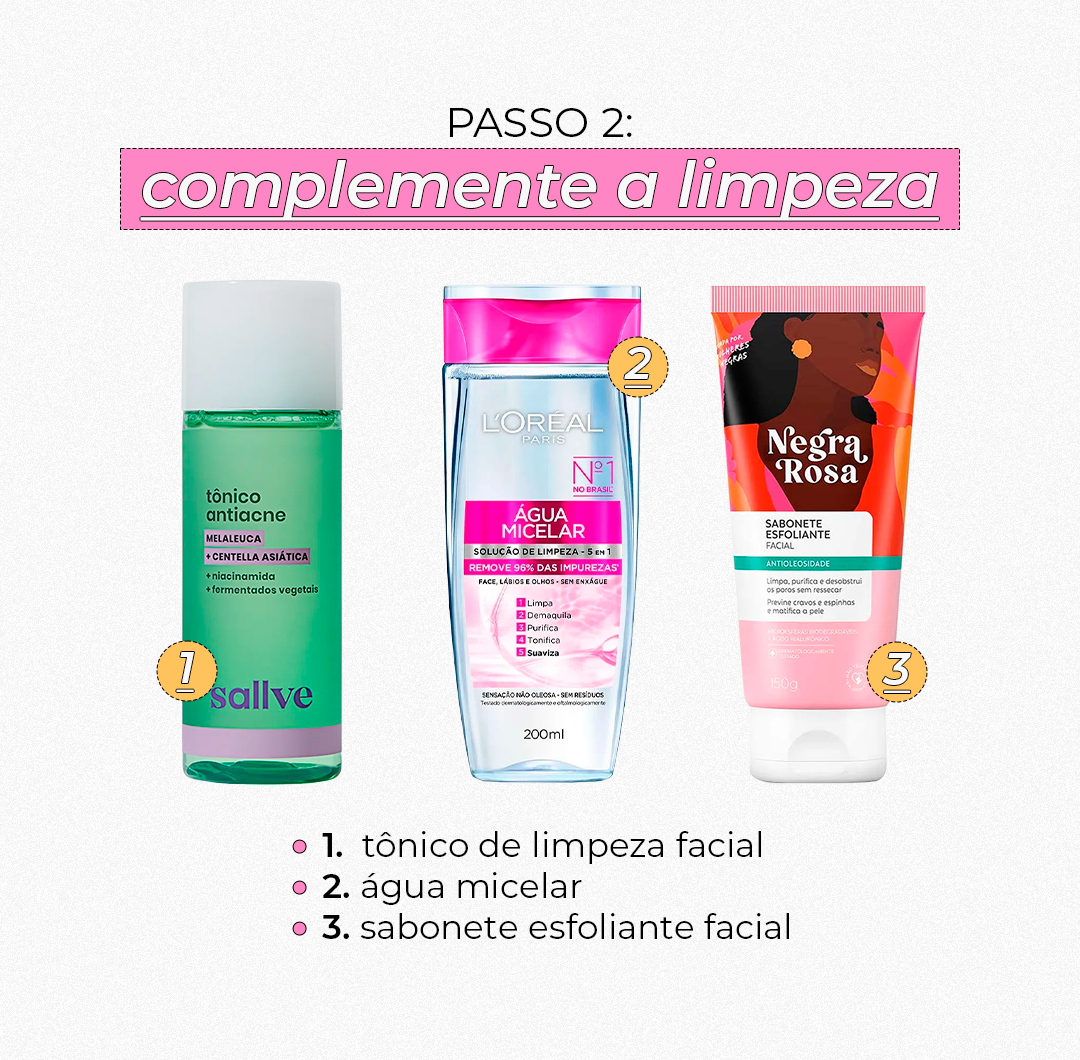 Produtos de skincare para limpeza: tônico, água micelar e sabonete esfoliante facial.