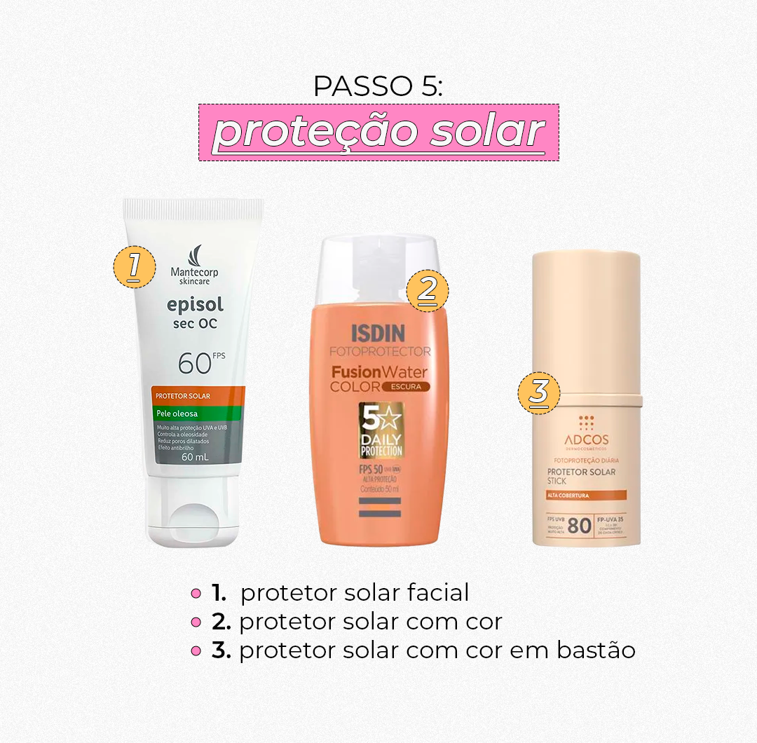 Protetores solares faciais em embalagens diferentes, destacando suas características e fatores de proteção (FPS). Produtos essenciais de skincare para proteção solar.