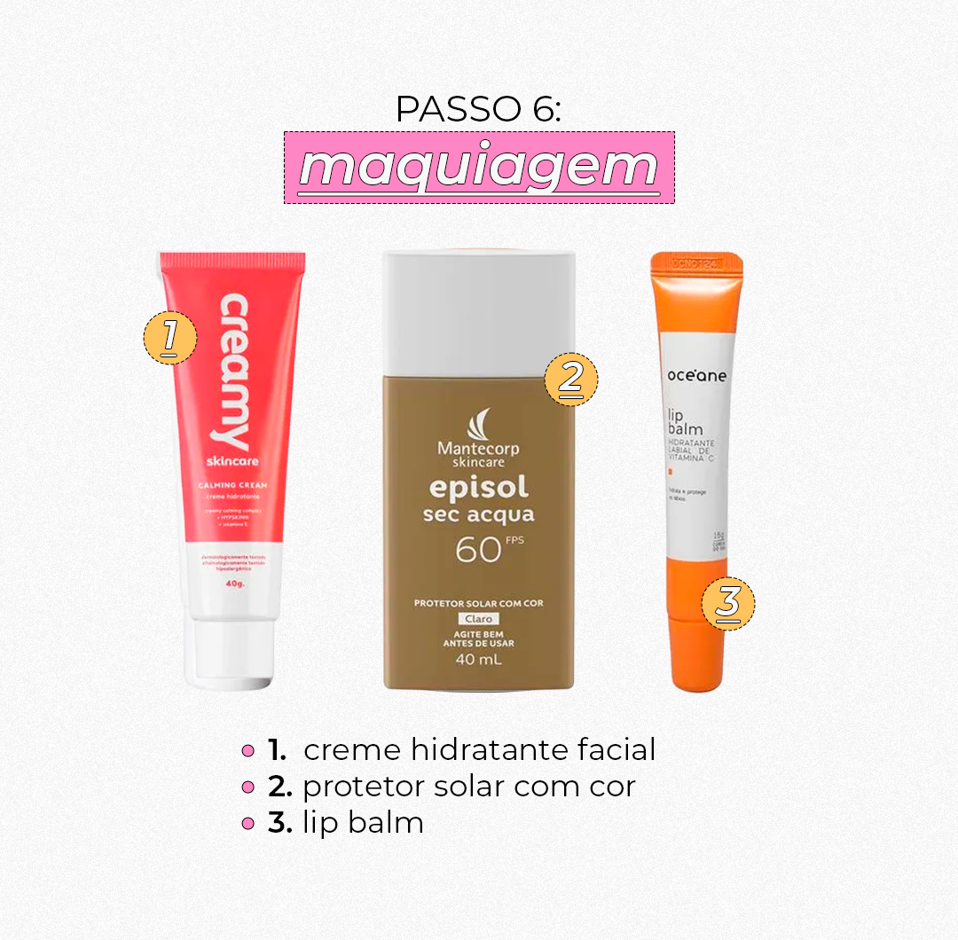 Creme hidratante facial, protetor solar com cor e lip balm, destacados como parte de um passo de maquiagem em produtos de skincare.