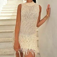 Mini vestido feminino de malha com borla, oco, decote em O, saia feminina s