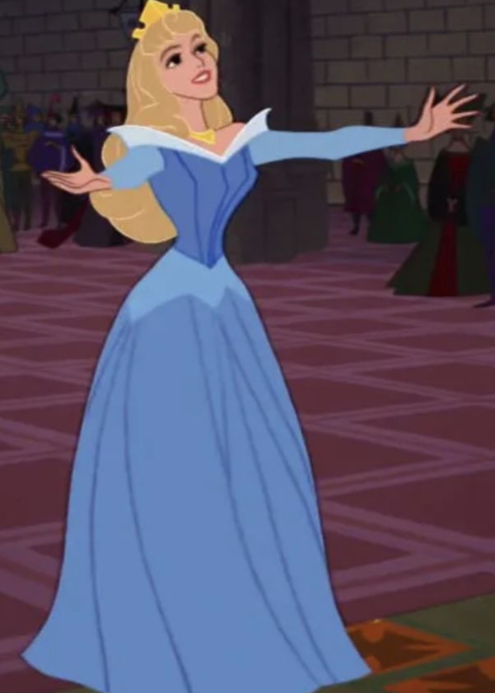 Personagem loira em vestido azul faz pose graciosa em salão, associada às princesas da Disney.