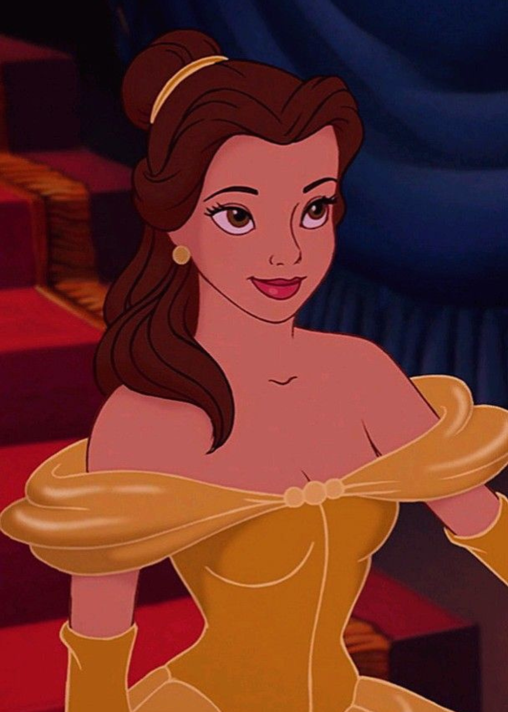Mulher animada de vestido amarelo e cabelo castanho. Figura entre as princesas da Disney.