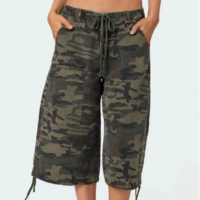 Y2K Cargo Shorts Femininos Verão Camuflagem Estampa Cordão Cintura Baixa Je