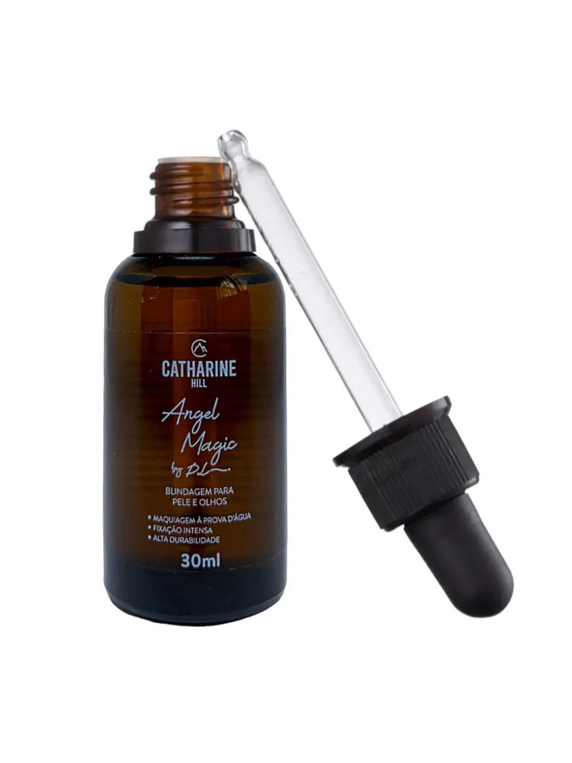 Frasco de 30ml com sérum e conta-gotas, oferecendo blindagem na maquiagem para pele e olhos, garantindo durabilidade.