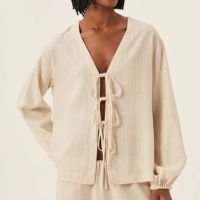 Bata Amarração Listras Linho Natural