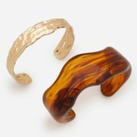 Kit 02 Braceletes Rígidos Abertos em Resina e Metal Marrom/Dourado