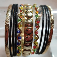 pulseira bracelete de metal preto e dourado com pedras, kit 11pç