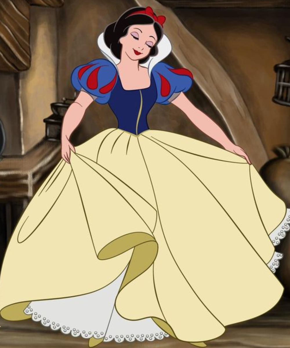 Princesa com vestido amarelo e laço vermelho, típica das princesas da Disney, em ambiente rústico.