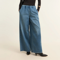 Calça Super Wide Leg em Jeans com Cós Drapeado e Elástico Interno Azul