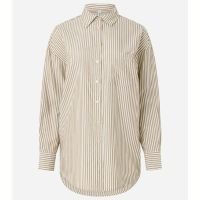 Camisa Alongada em Tricoline Listrada e Punho Largo Verde