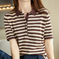 [SMei] Camiseta feminina de lapela de manga curta com fio de algodão, camis