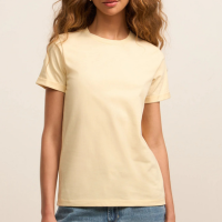 Camiseta Regular em Algodão com Manga Dobrada Amarelo Claro