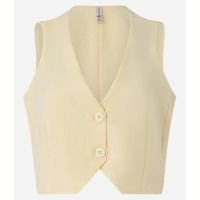 Colete Cropped Texturizado com Abotoamento Frontal Bege Creme