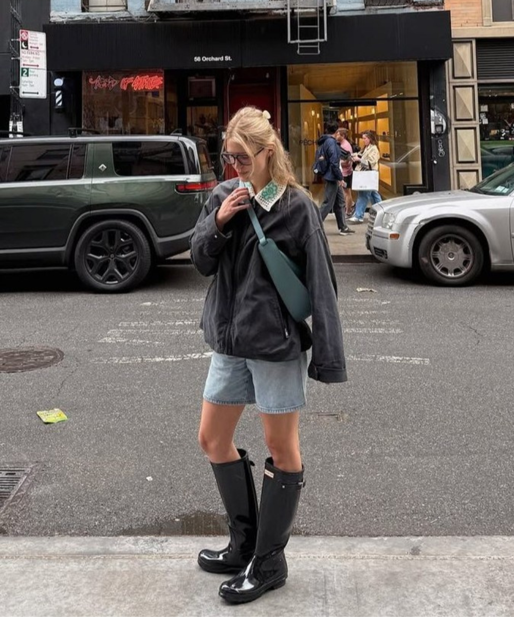 Pessoa usa botas de chuva pretas na calçada, com jaqueta escura e shorts jeans.