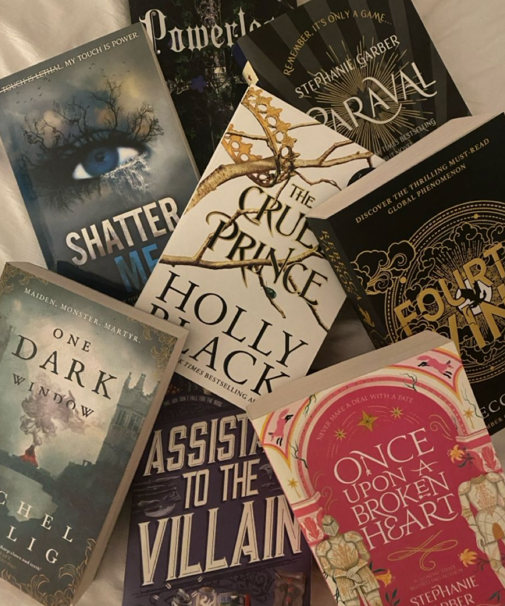 Vários livros de romance e fantasia organizados sobre uma superfície.