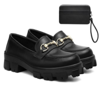 Kit Mocassim Tratorado Feminino Metal + Carteira Casual - Preto