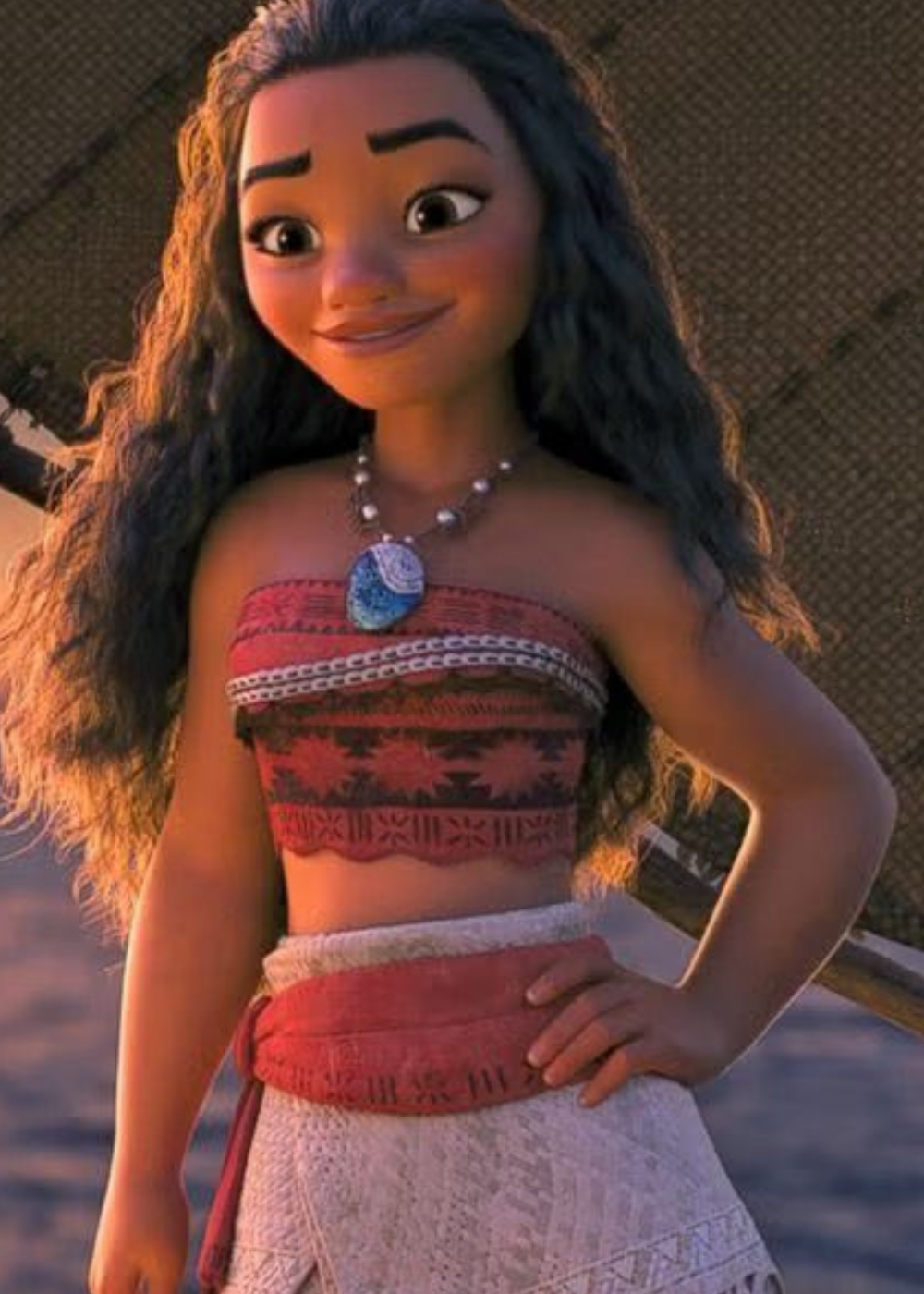 Personagem animada com cabelo longo, blusa vermelha e colar. Uma das princesas da Disney sorri ao pôr do sol.