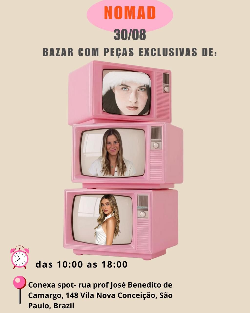 Bazar Nomad em 30/08 com peças exclusivas. Mulheres em TVs vintage cor de rosa. Das 10h às 18h em São Paulo.