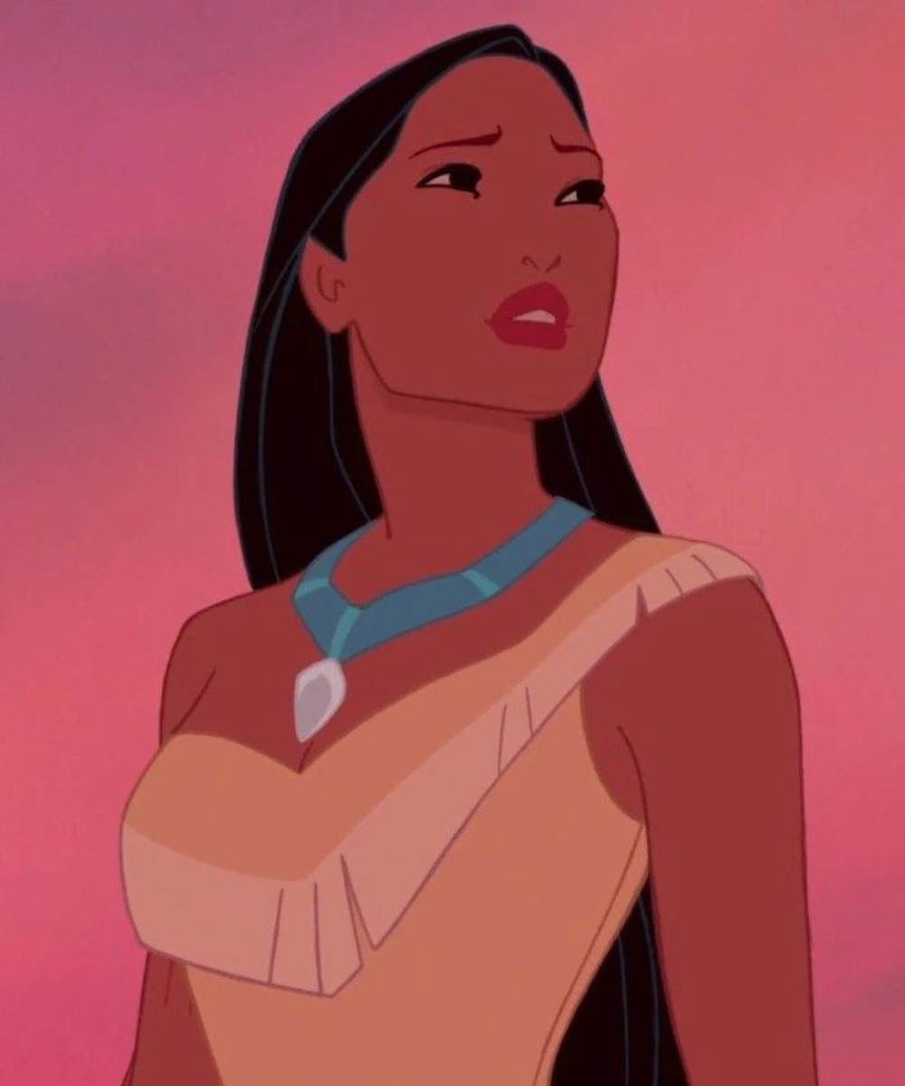 Personagem de cabelo longo olhando para o lado, com fundo em tons de rosa. É associada às princesas da Disney.