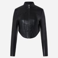 Jaqueta Corsetada em PU com Zíper e Barra Arredondada Preto
