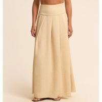 Saia Longa Alfaiatada com Toque de Linho e Pregas Bege
