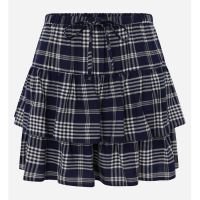 Saia Curta em Chalis com Babados e Estampa Xadrez Azul