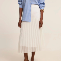 Saia Midi em Chiffon Plissada com Cós Alfaiatado Branco